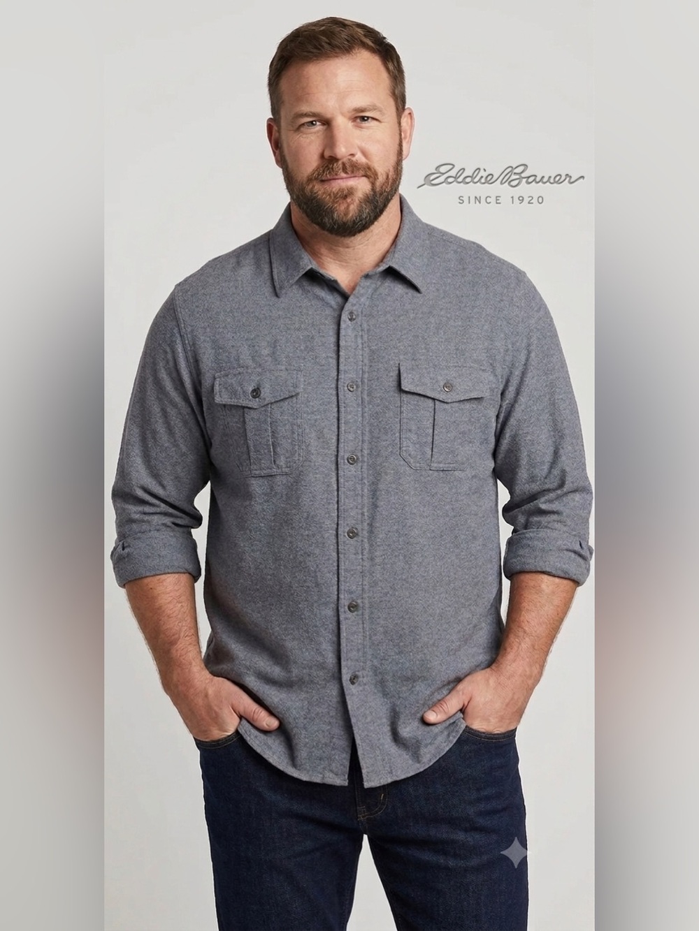 Eddie Bauer Men's Grey Cotton Thick Flannel Button Down Shirt Size XXL Pockets